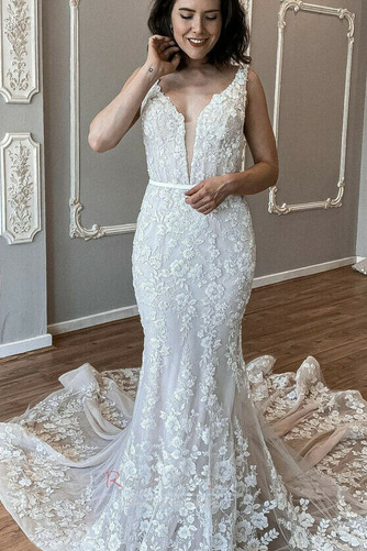 Rochie de mireasa Nu înapoi Elegant V-gât adânc Suprapunere de dantela - Pagină 1